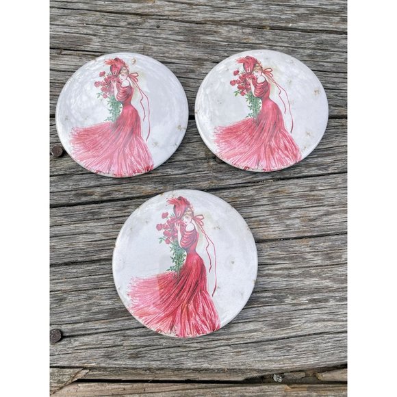 Vintage lot 3 Pocket Mirrors Victorian Lady Big Hat Red Dress - Picture 1 of 8